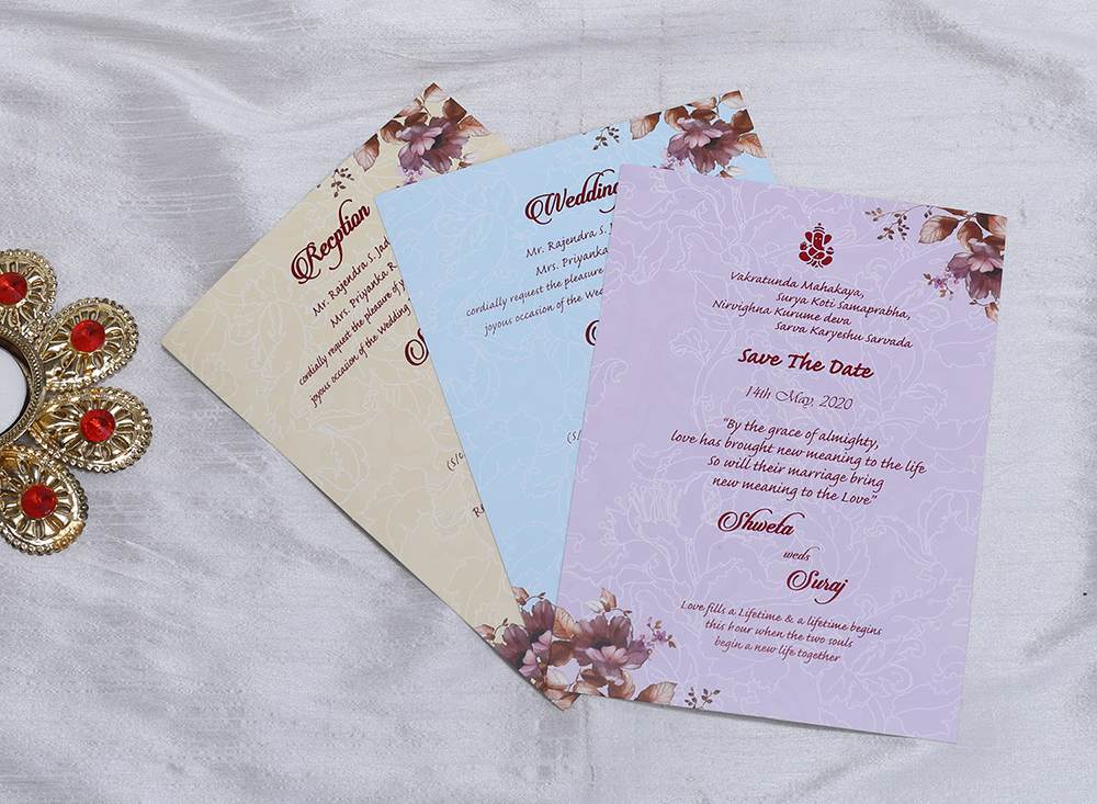 Mauve colour floral Indian wedding invitation - Click Image to Close