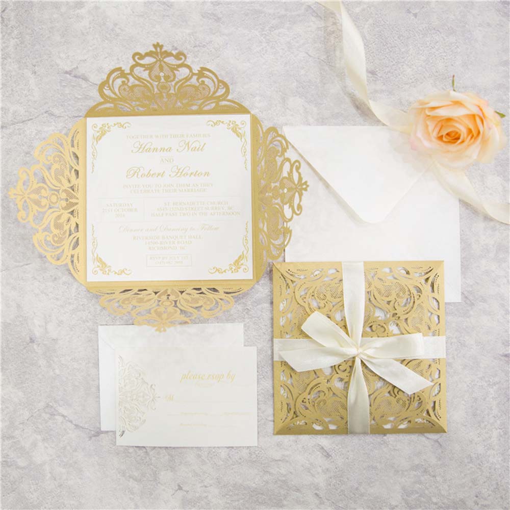 Metallic Gold and Ivory Laser Cut Wedding Invitation & RSVP set - Click Image to Close
