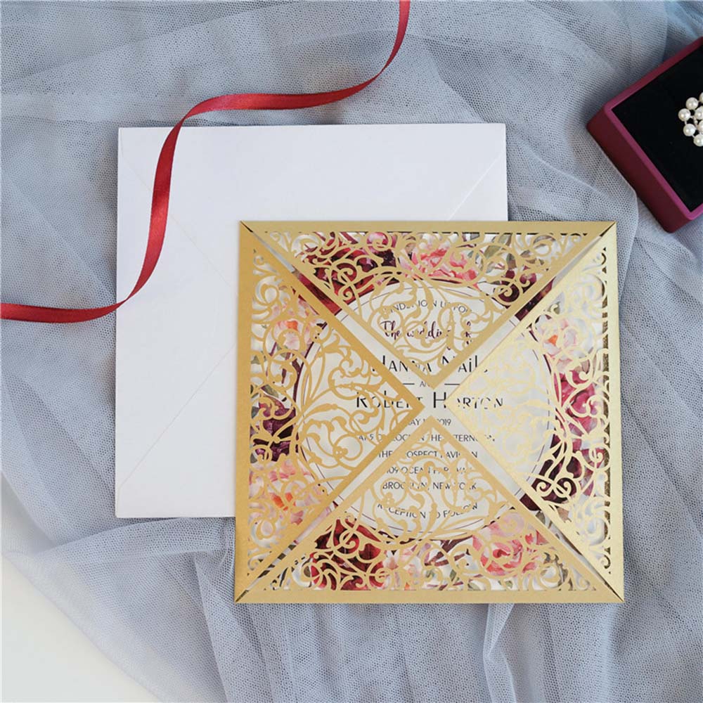 Metallic Golden four fold laser cut wedding invitation - Click Image to Close