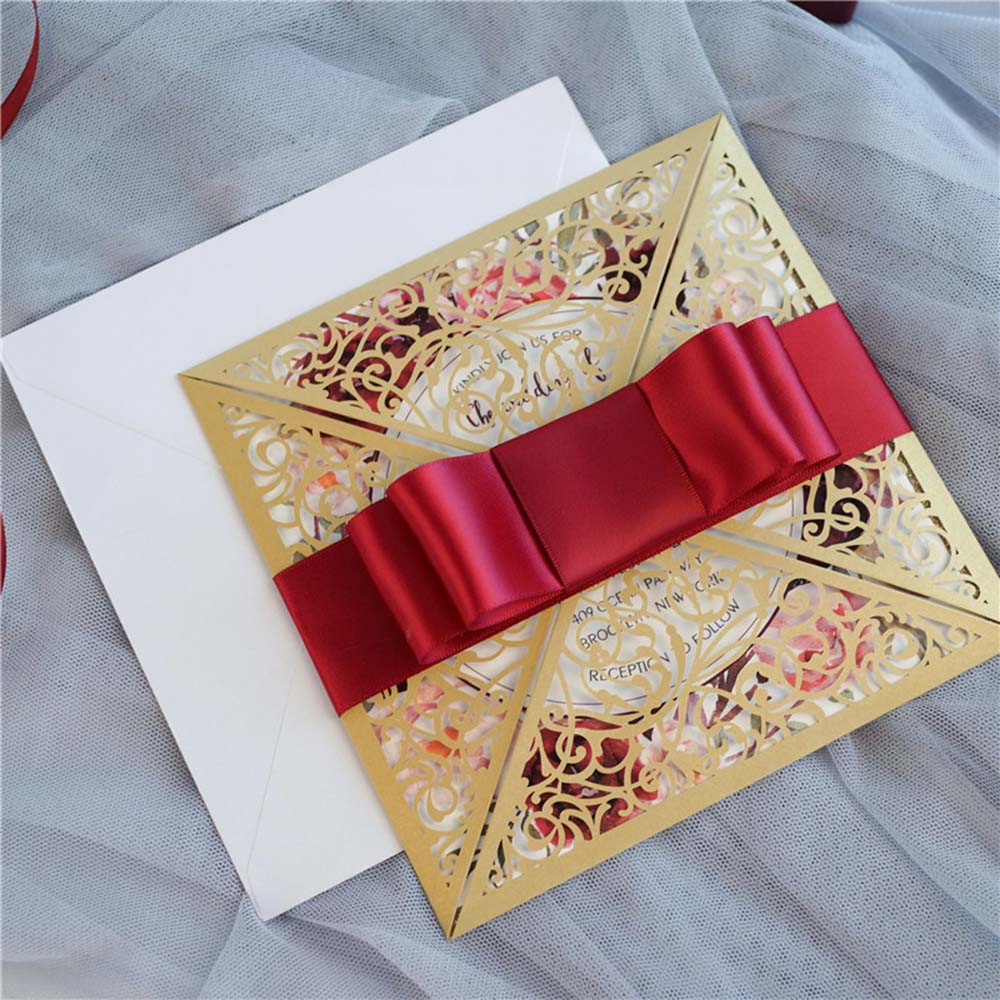 Metallic Golden four fold laser cut wedding invitation - Click Image to Close
