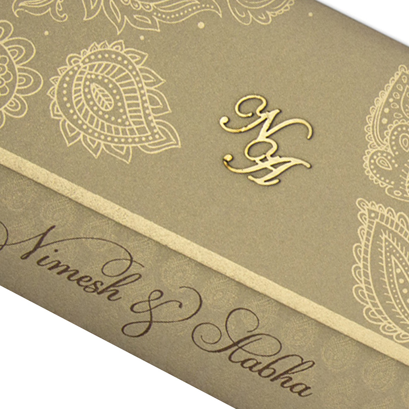 Modern Indian wedding card in brown & golden with paisley design - Click Image to Close