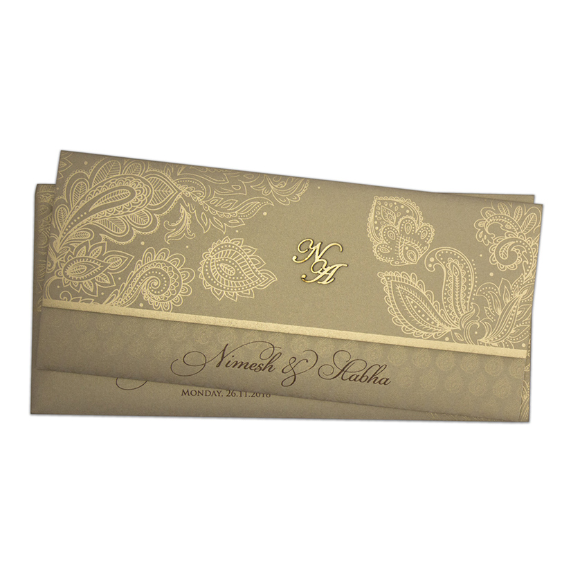Modern Indian wedding card in brown & golden with paisley design - Click Image to Close