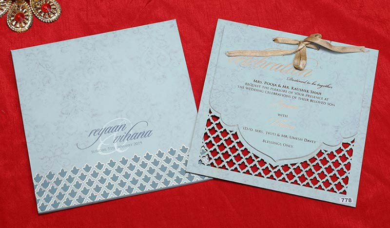 Mughal Royal Indian Wedding Card in Light Blue Carboard