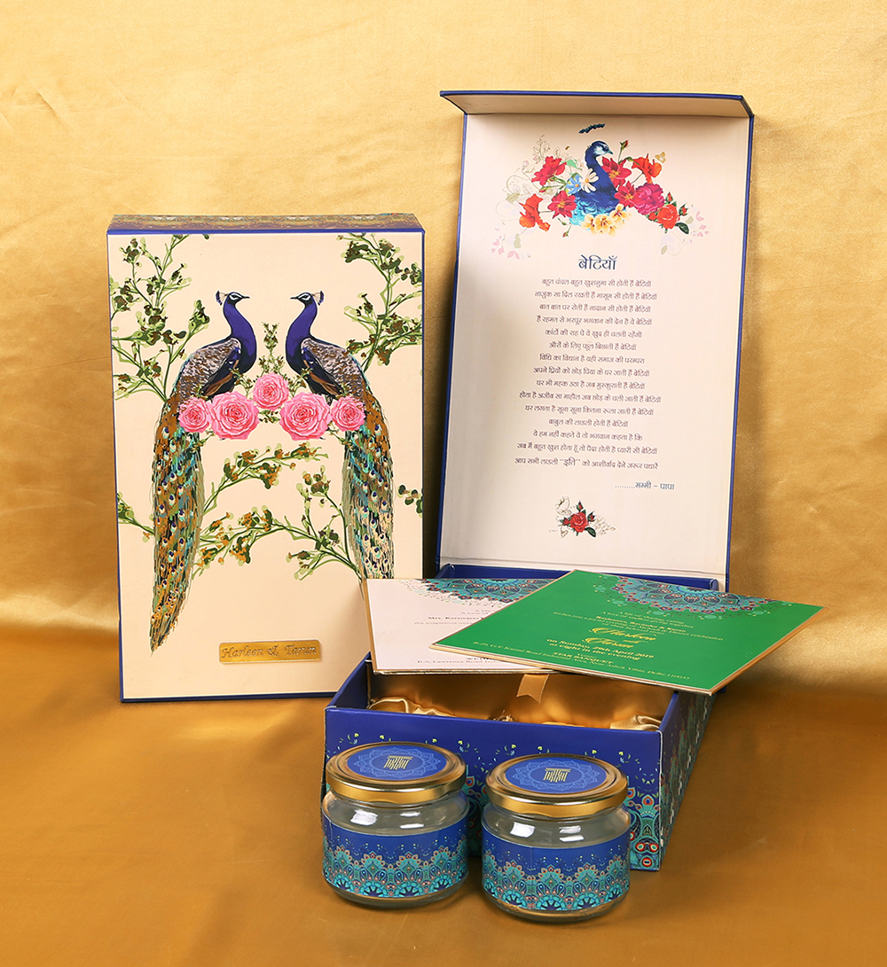 Multicolor designer peacock theme box invite with sweet jars - Click Image to Close