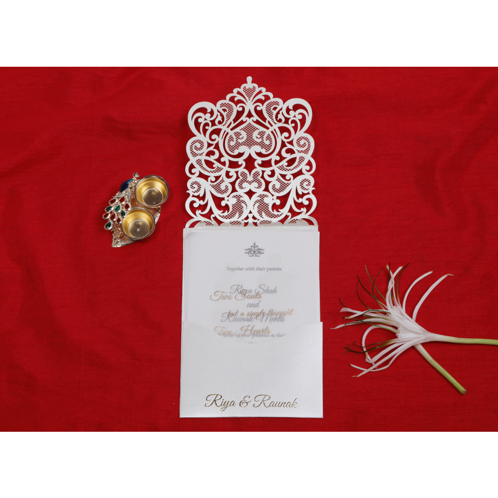 Multifaith cream colored laser cut wedding invite - Click Image to Close