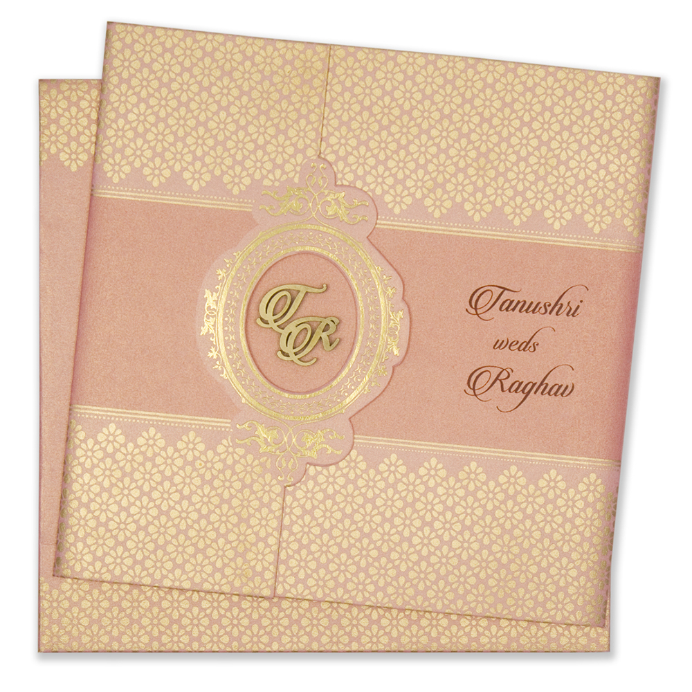 Multifaith designer wedding card in pink and golden colour