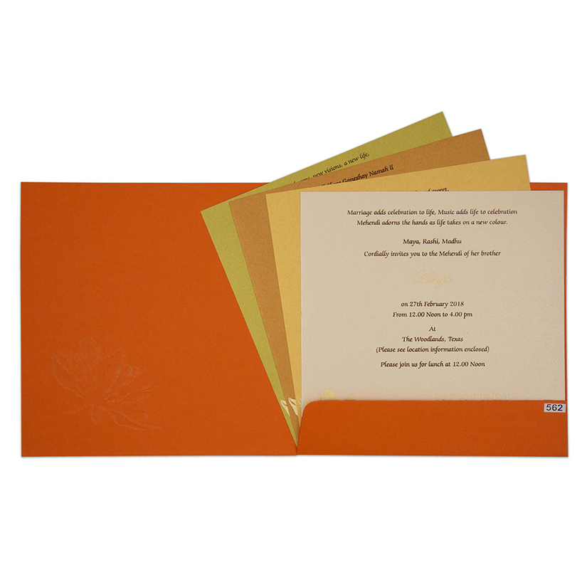 Multifaith Indian floral wedding invitation in orange colour - Click Image to Close