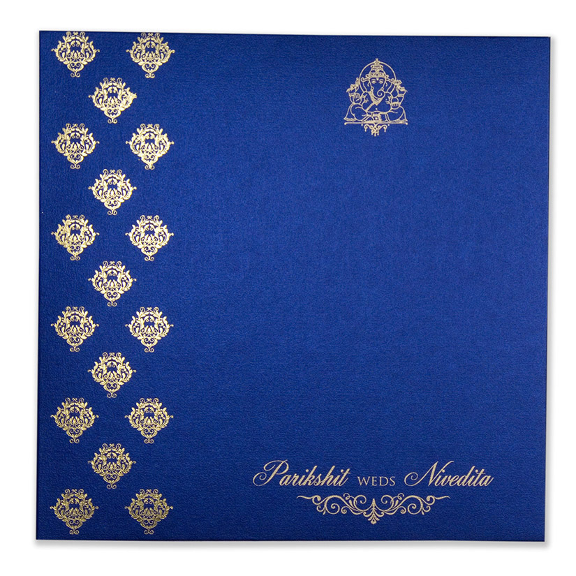Multifaith Indian wedding card in blue with golden motifs - Click Image to Close