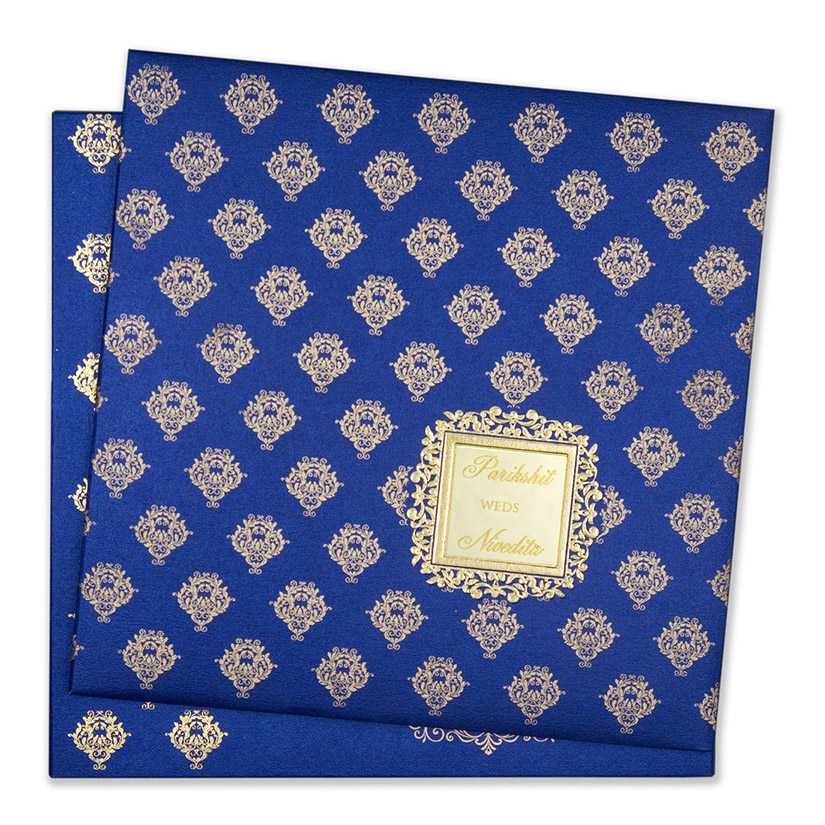 Multifaith Indian wedding card in blue with golden motifs