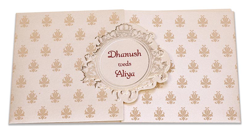 Multifaith Indian wedding card in cream colour with gate fold