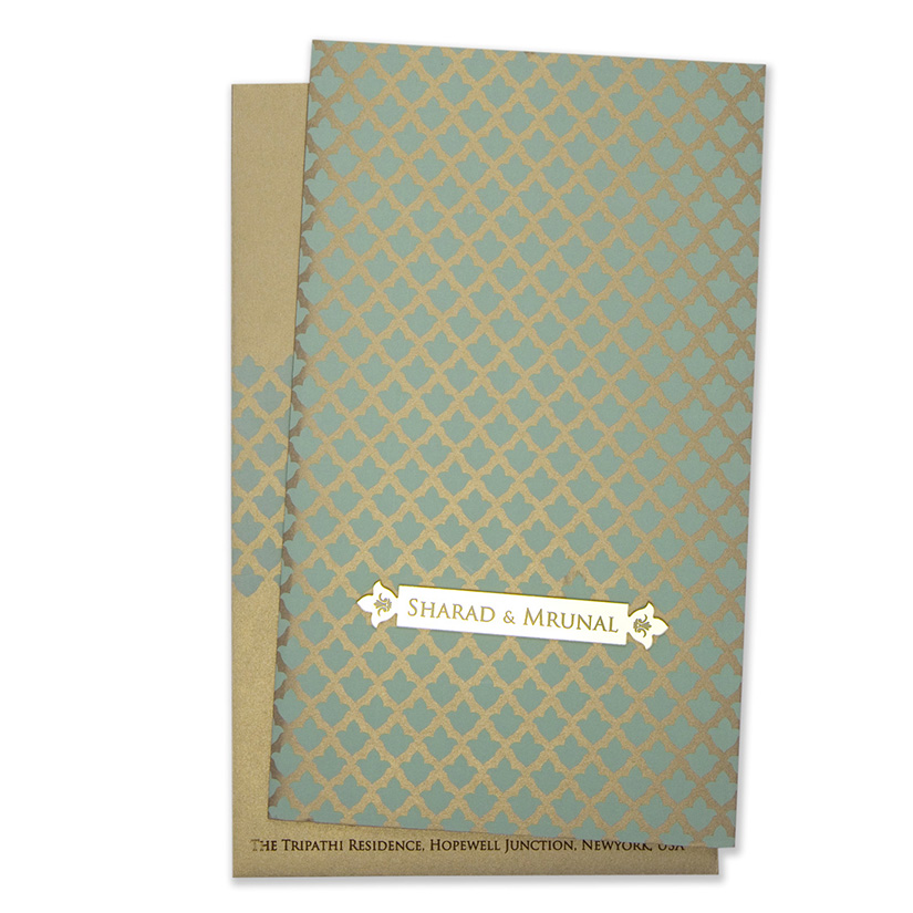 Multifaith Indian wedding card in light brown and powder blue color