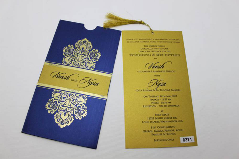 Multifaith wedding card in blue with golden design & pullout insert