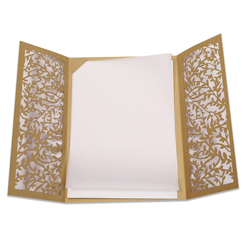 Multifaith wedding card with intricate laser cut leaf design in golden - Click Image to Close