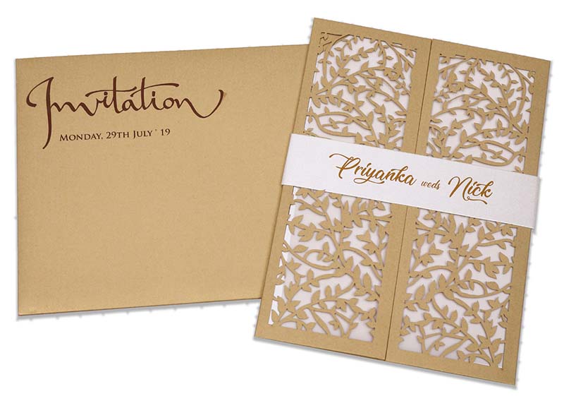 Multifaith wedding card with intricate laser cut leaf design in golden - Click Image to Close
