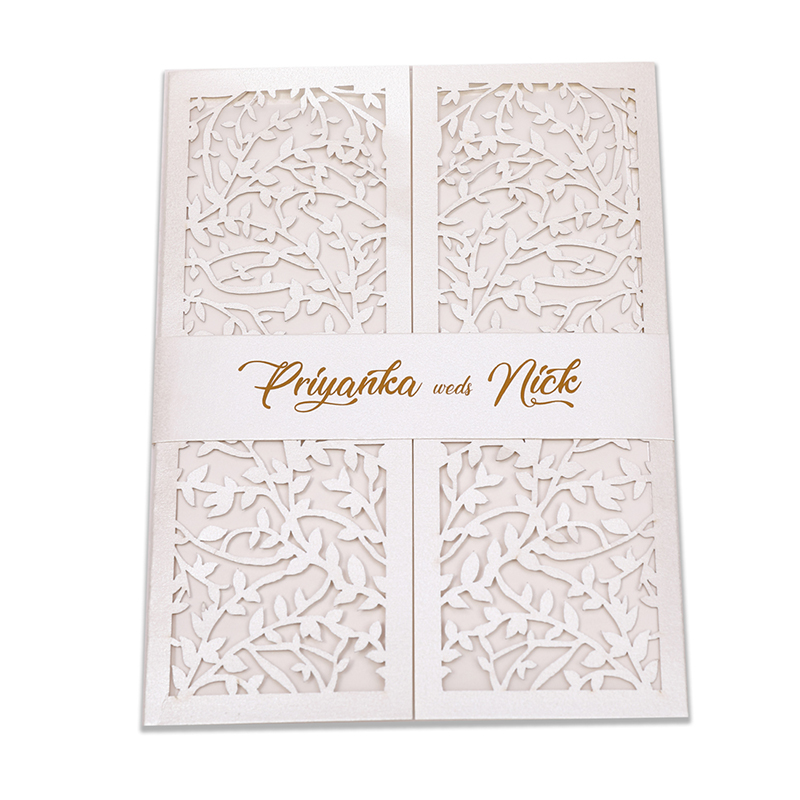 Multifaith wedding card with intricate laser cut leaf design in white - Click Image to Close