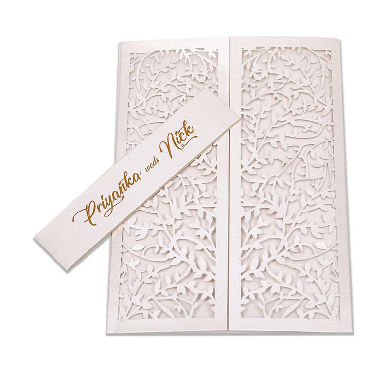 Multifaith wedding card with intricate laser cut leaf design in white
