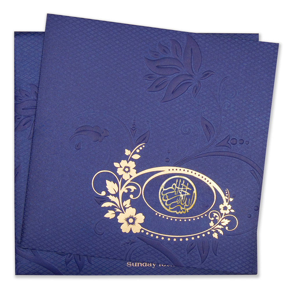 Muslim wedding invitation in navy blue with embossed floral design - Click Image to Close