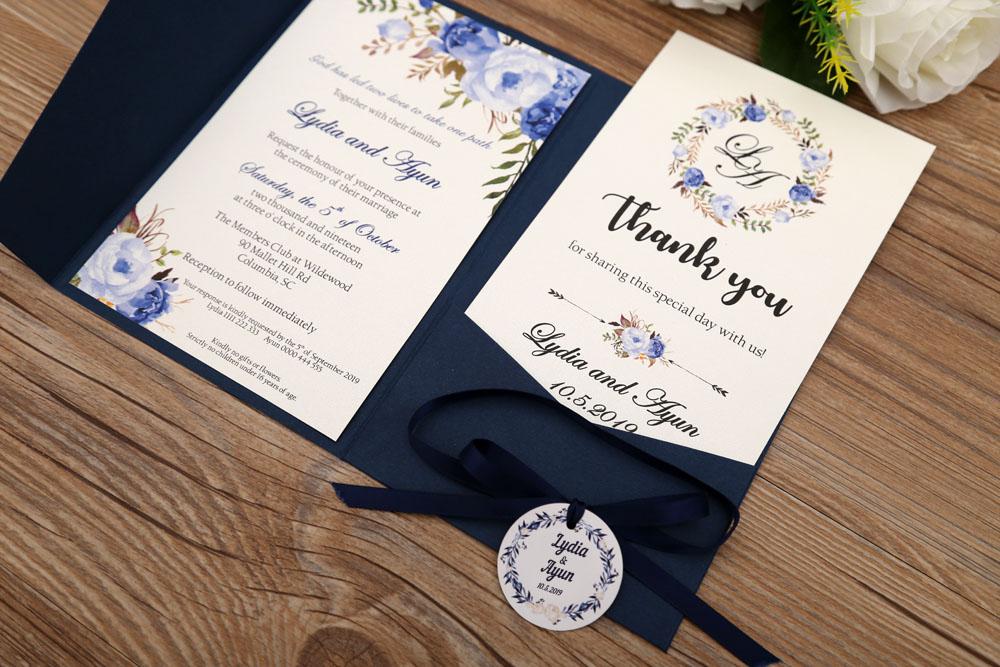 Navy blue color wedding invitation in floral theme - Click Image to Close