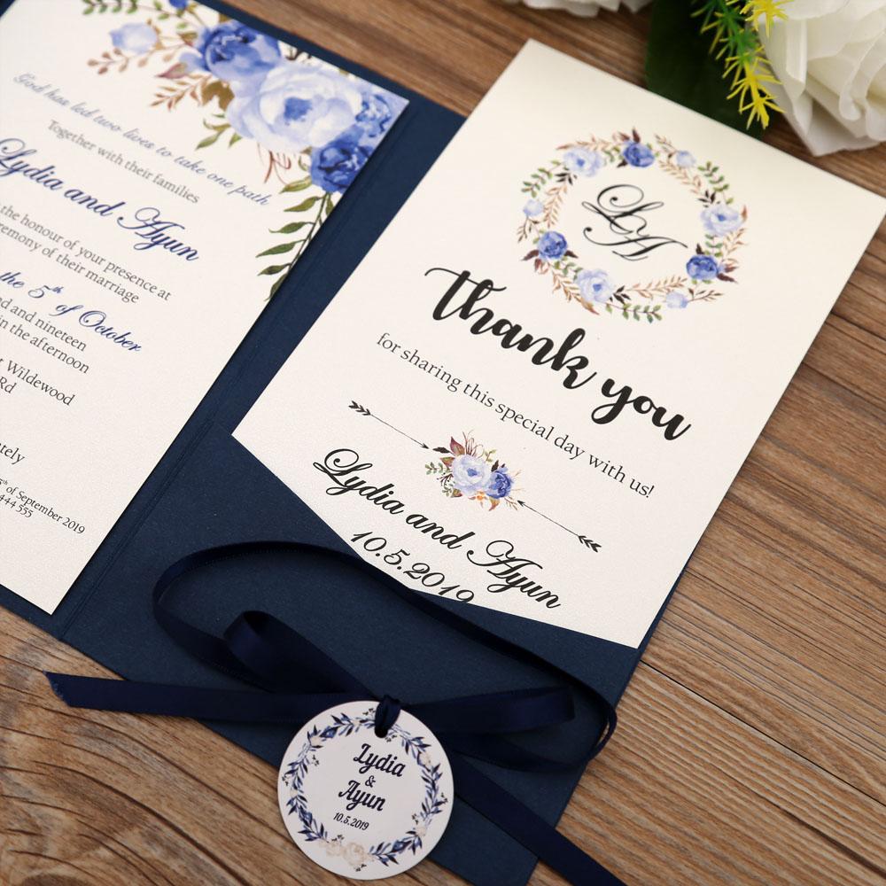 Navy blue color wedding invitation in floral theme - Click Image to Close