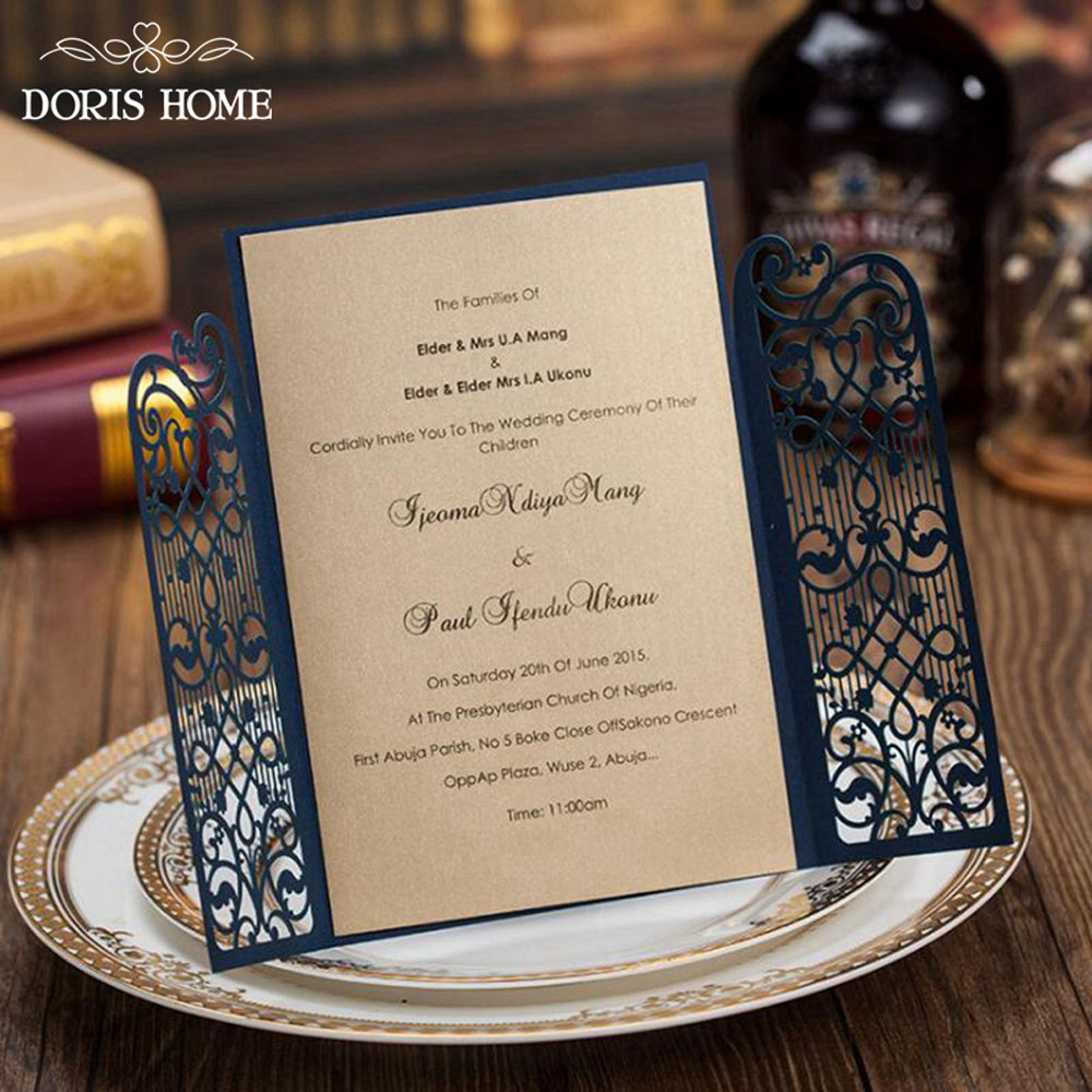 Navy Blue Elegant Wedding Invitation With Laser Cut Flowers - Click Image to Close