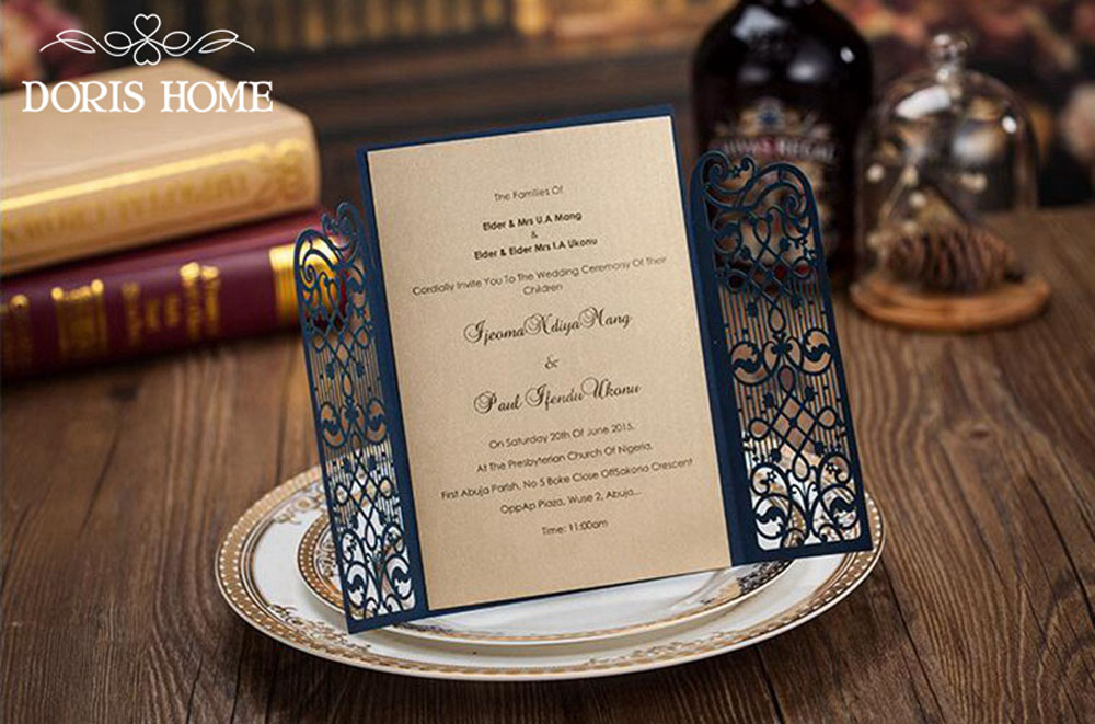 Navy Blue Elegant Wedding Invitation With Laser Cut Flowers - Click Image to Close