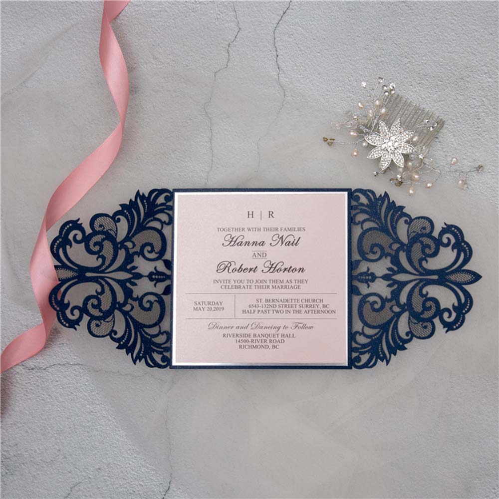 Navy Blue Gate fold Laser cut wedding invitatio for Christian weddings - Click Image to Close
