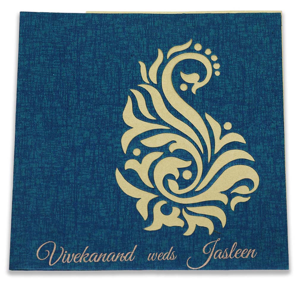 Paisley theme laser cut wedding invite in blue colour - Click Image to Close