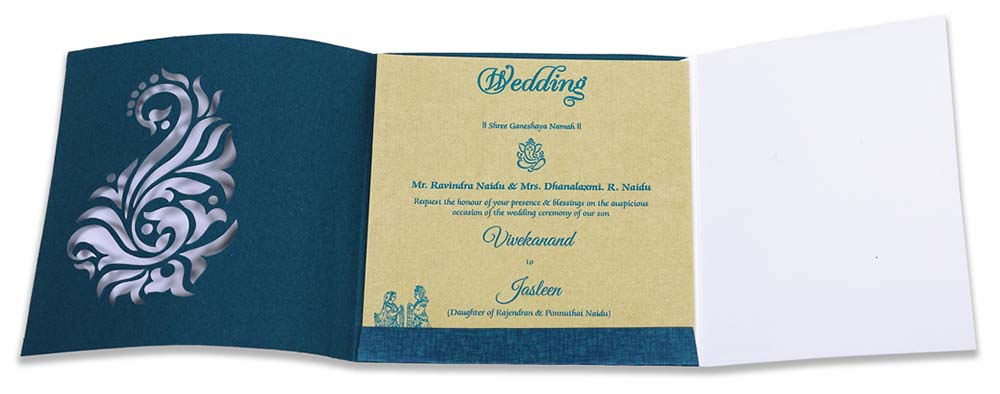 Paisley theme laser cut wedding invite in blue colour - Click Image to Close
