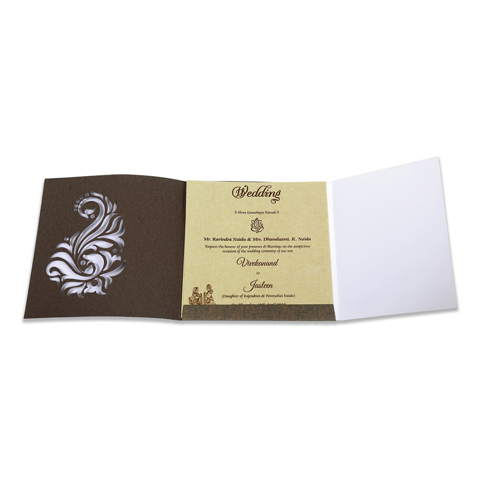 Paisley theme laser cut wedding invite in brown colour - Click Image to Close