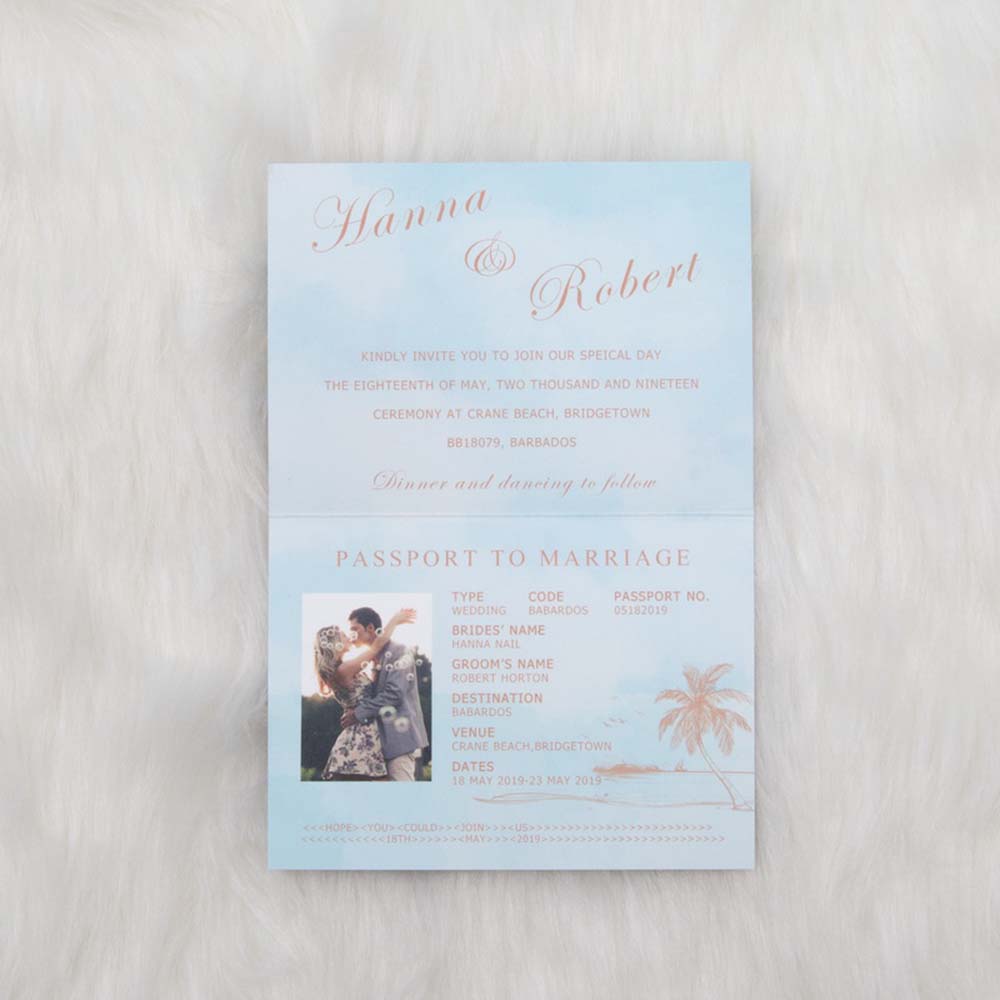 Passport style destination wedding invite in metallic color foil stamp - Click Image to Close