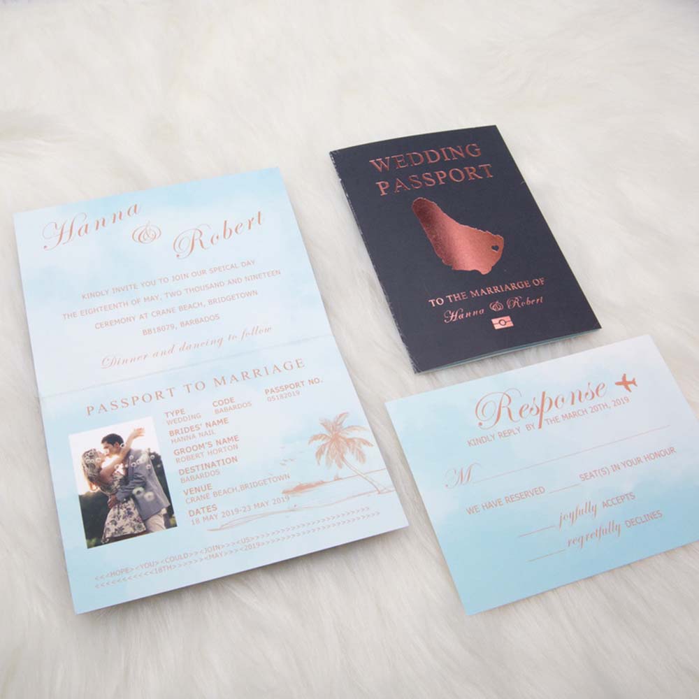 Passport style destination wedding invite in metallic color foil stamp - Click Image to Close