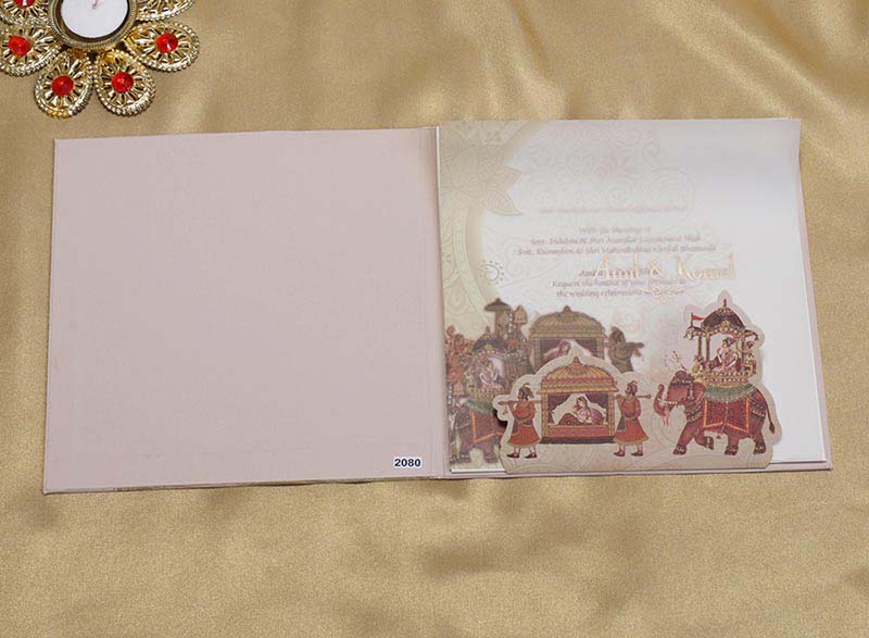 Peach Colour Royal Indian Invite with Dulhan and Doli Design - Click Image to Close
