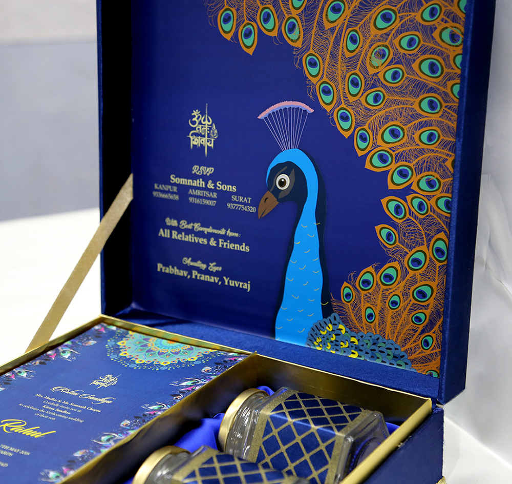 Peacock theme royal blue wedding boxed invitation with sweet jars - Click Image to Close