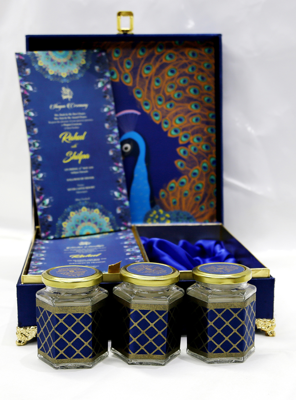 Peacock theme royal blue wedding boxed invitation with sweet jars - Click Image to Close