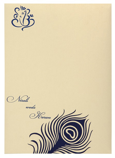 Peacock Wedding Invitation in Navy Blue & Lemon Golden Colour - Click Image to Close