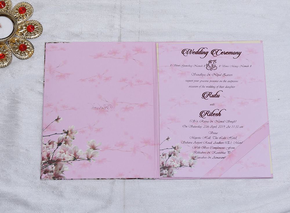 Pink Floral Indian wedding invitation in carry bag style - Click Image to Close