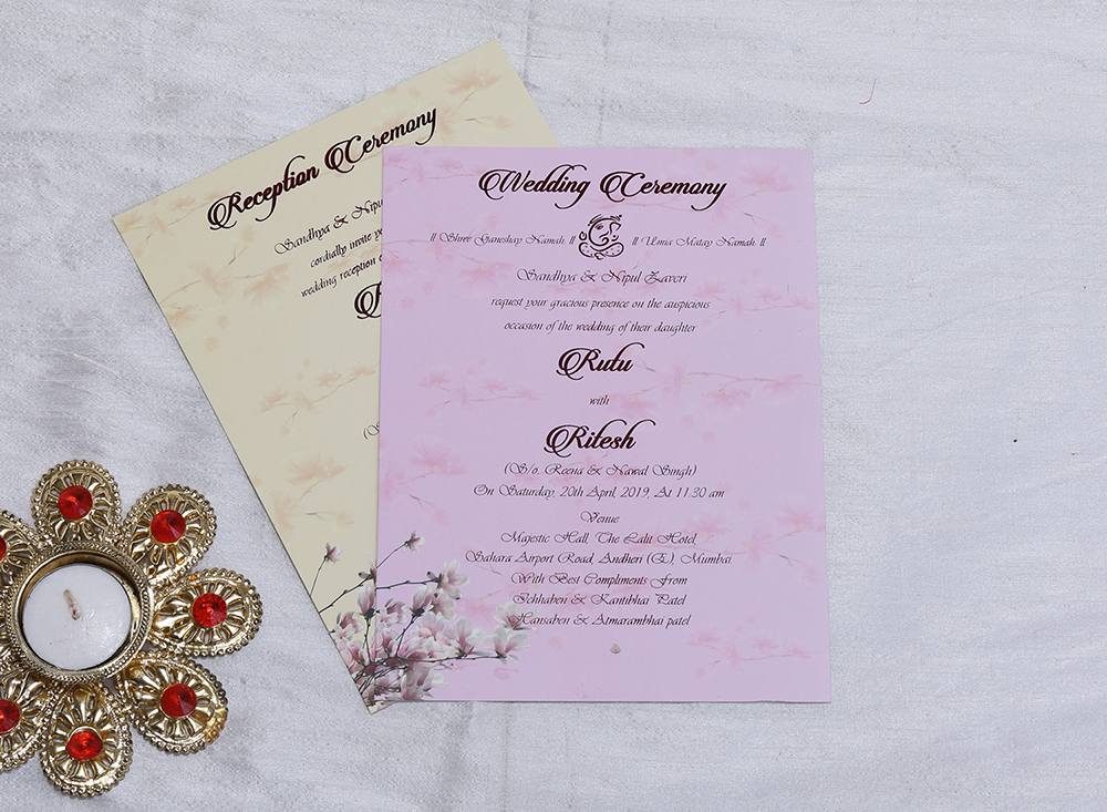 Pink Floral Indian wedding invitation in carry bag style - Click Image to Close