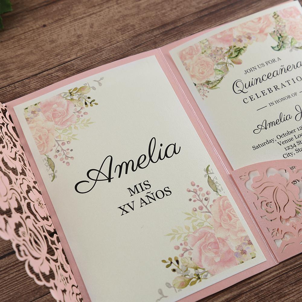 Pink paper Wedding invitation with floral lasercut design and pocket - Click Image to Close