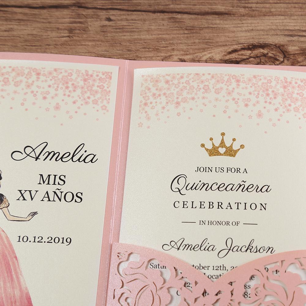 Pink paper Wedding invitation with floral lasercut design and pocket - Click Image to Close