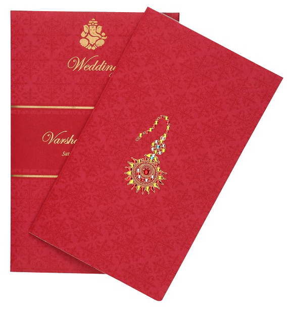 Radha- Krishna Wedding Card in Crimson & Golden Colour - Click Image to Close