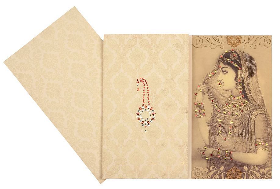 Radha-Krishna Wedding Card in Cream and Golden Colour - Click Image to Close