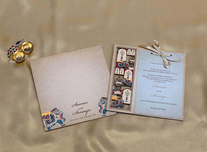 Rajasthani Royal Indian Wedding Card in Light Brown Colour - Click Image to Close
