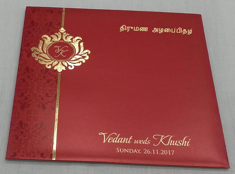 Red and Golden tamil wedding card with laser cut Ganesha - Click Image to Close