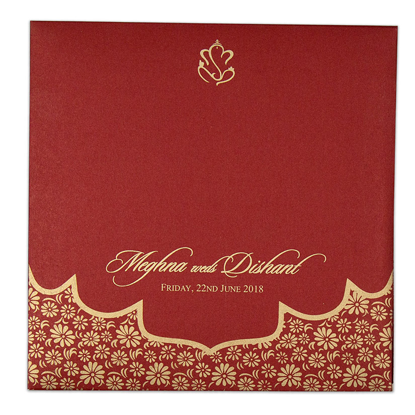 Red color multifaith Indian wedding card in floral golden pattern - Click Image to Close