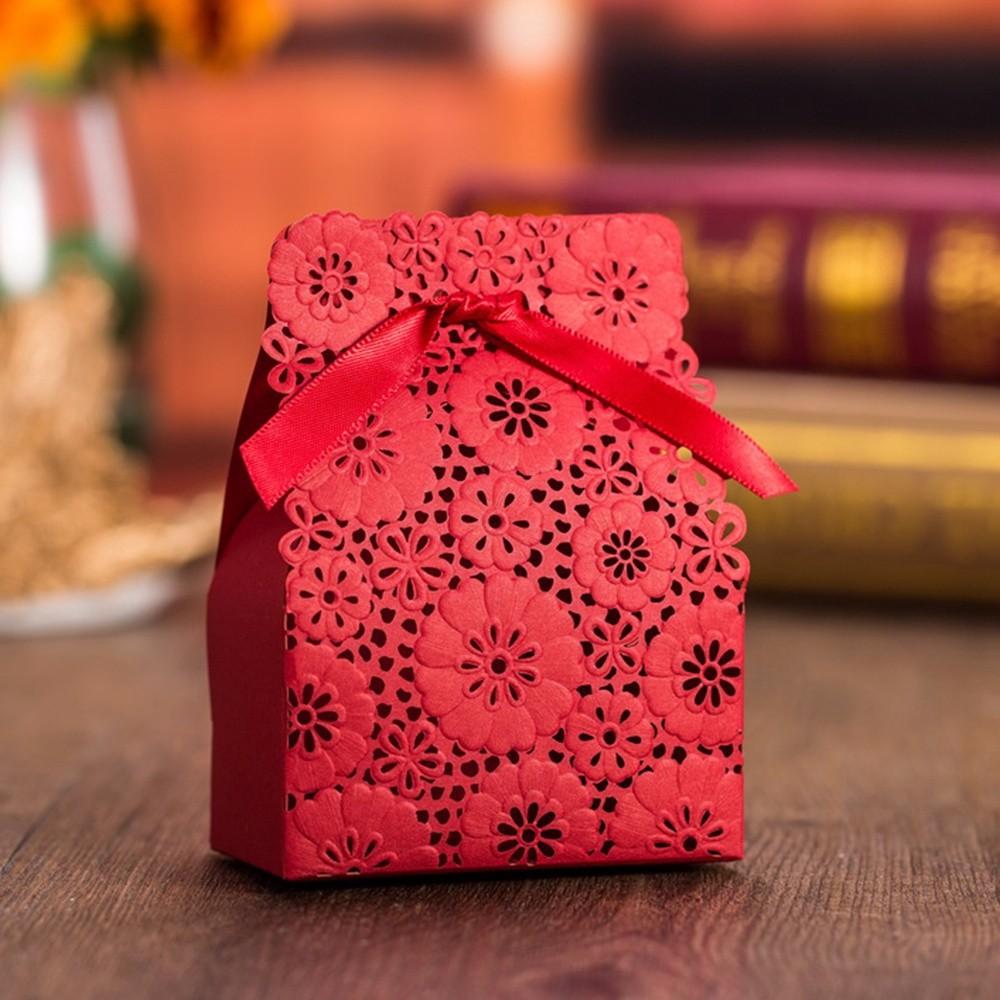 Red Flower Laser Cut Engagement and Wedding Favor Boxes