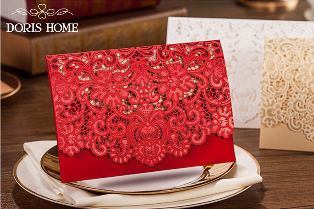 Red Laser Cut wedding invitation cards with Embossed Flower - Click Image to Close