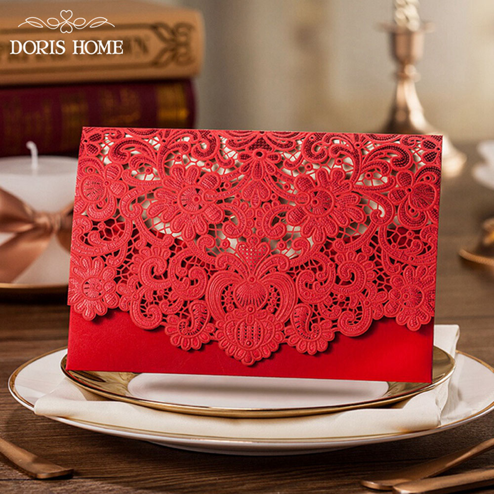 Red Laser Cut wedding invitation cards with Embossed Flower