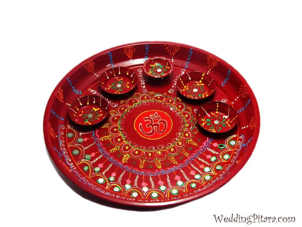 Red painted Puja Thali - Click Image to Close