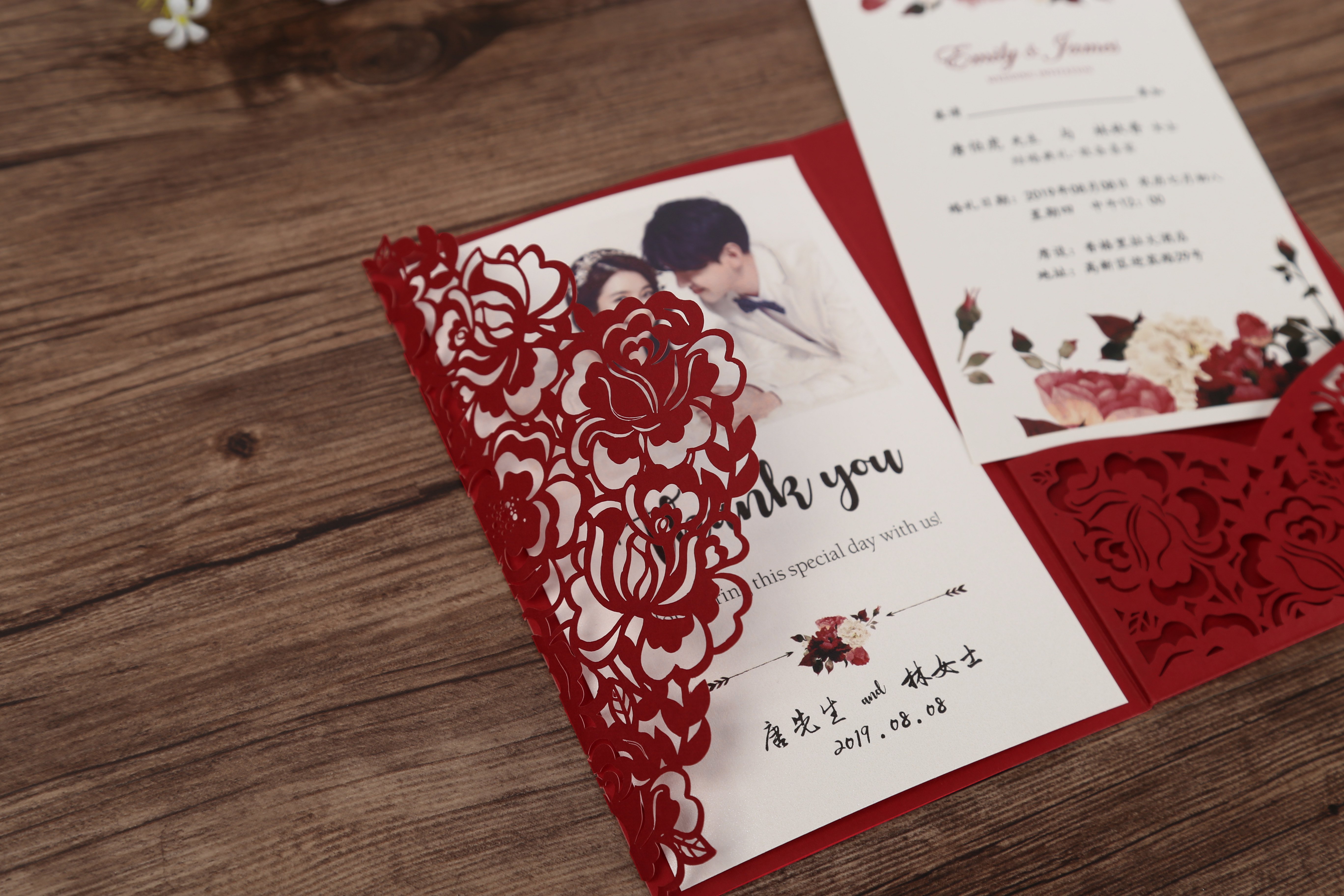 Red paper Wedding invitation with floral lasercut design and pocket - Click Image to Close