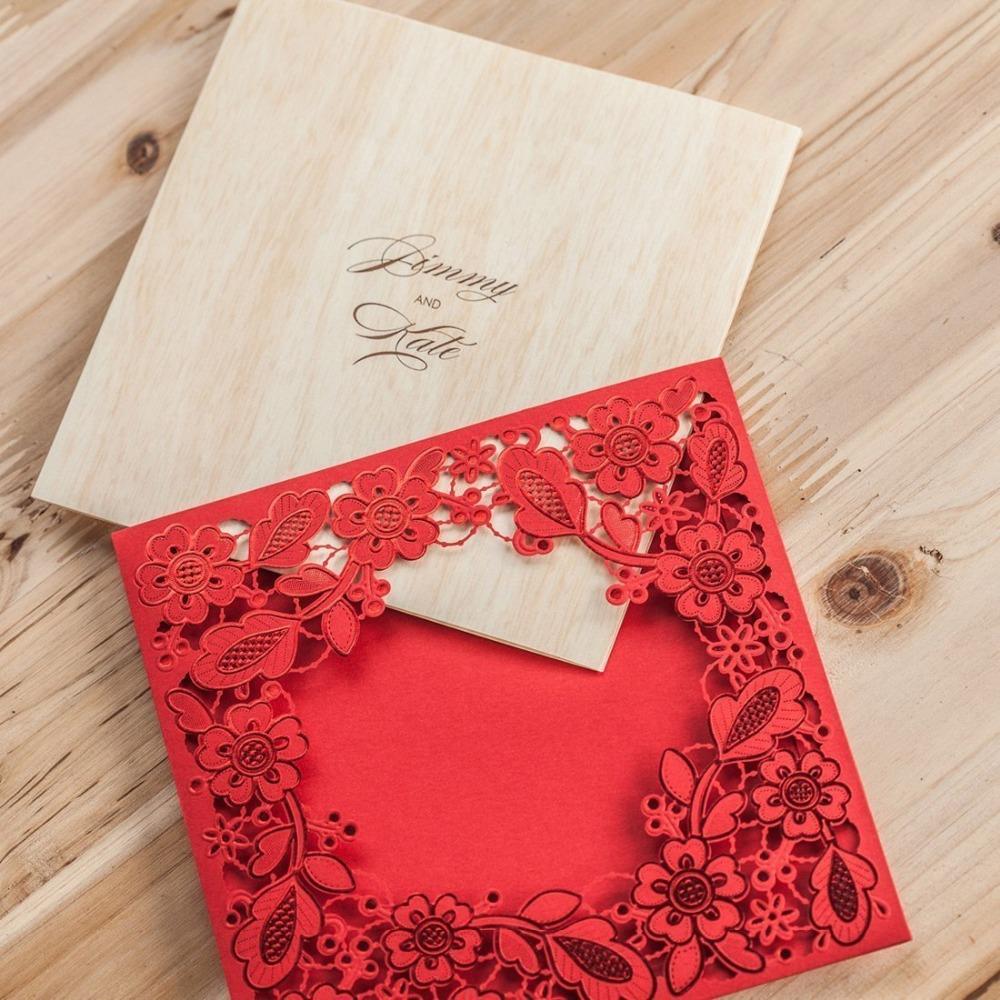 Red Square Floral Vintage Laser Cut Wedding Invitation - Click Image to Close
